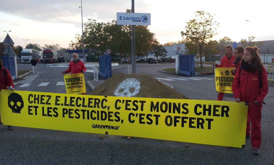 Depuis 8h ce matin, nous protestons devant une centrale d’achats de E.Leclerc implantée près de Toulouse. Notre action vise à dénoncer la responsabilité de Leclerc dans l’usage des pesticides dans la production de notre alimentation. 