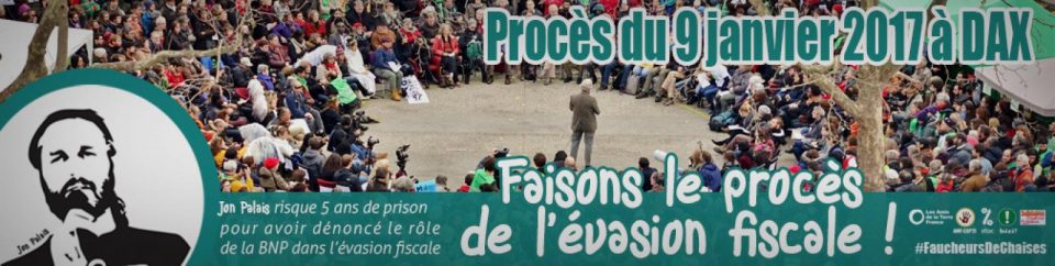 Le 9 janvier aura lieu à Dax le premier procès d’un “Faucheur de Chaises”, Jon Palais, militant non violent poursuivi par la BNP Paribas pour avoir réquisitionné une chaise d’une agence parisienne en octobre 2015. Greenpeace sera à Dax le 9 janvier pour appeler à faire le procès du vrai coupable : l’évasion fiscale.