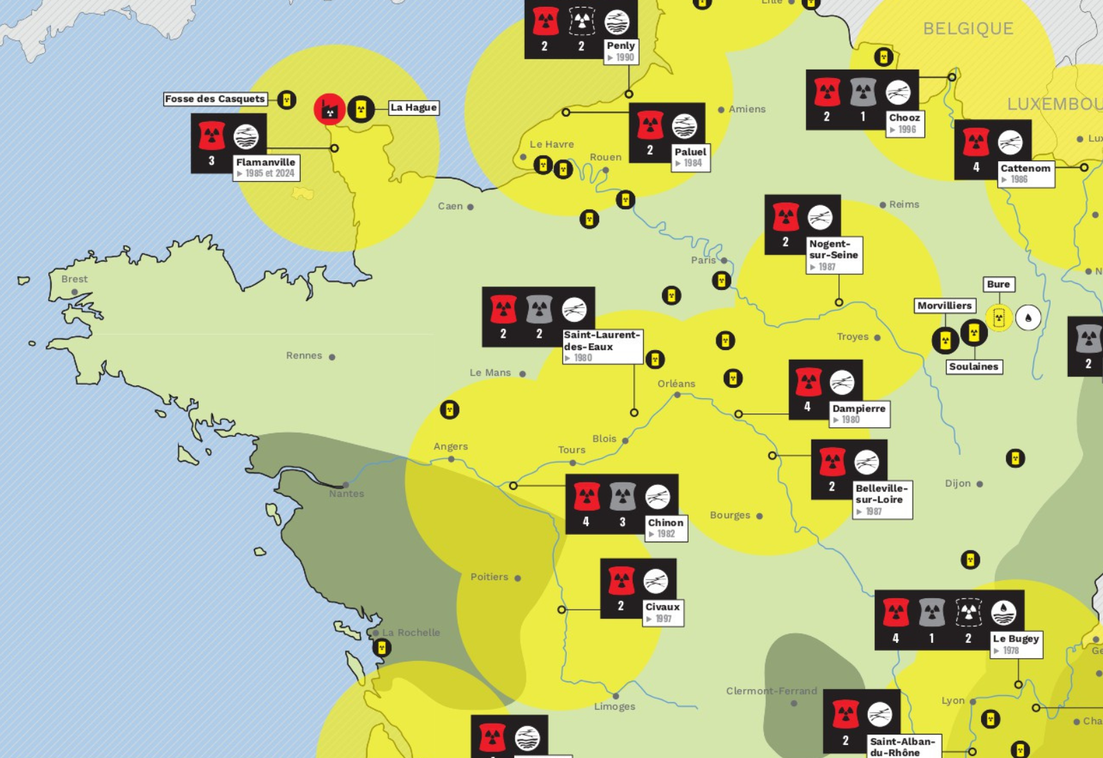 Avec cette carte, situez les centrales nucléaires françaises exploitées par EDF, les projets de constructions des EPR2, les sites de stockage de déchets nucléaires, et les zones du territoire comportant des risques importants (évènements climatiques extrêmes, risques naturels et risques spécifiques au nucléaire).