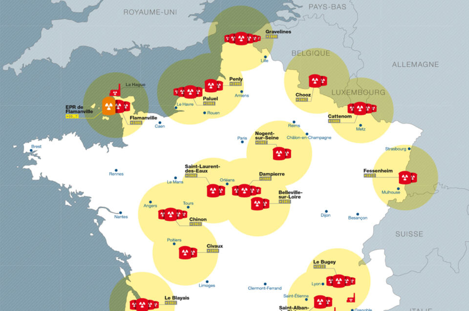 Avec cette carte, situez les centrales nucléaires françaises exploitées par EDF, l'EPR en construction, les usines de la filière combustible nucléaire française, les sites de stockage de déchets nucléaires, et les zones du territoire comportant un risque sismique de niveau 3 ou 4. 