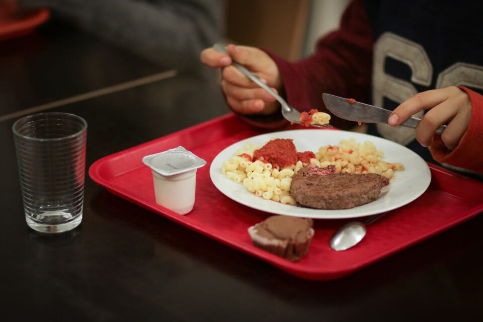 Un steak haché dans une assiette à la cantine - © Elsa Palito / Greenpeace