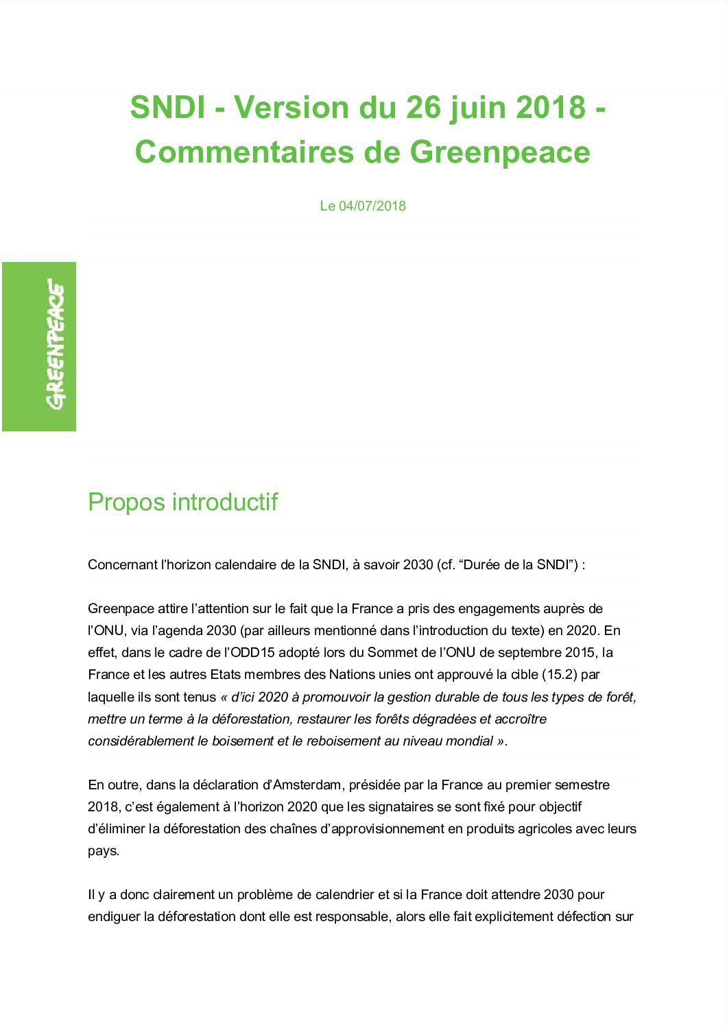 SNDI provisoire — Commentaires de Greenpeace