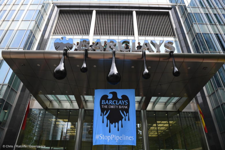 Action at Barclays’ HQ in London over Dirty Oil Pipeline Funding