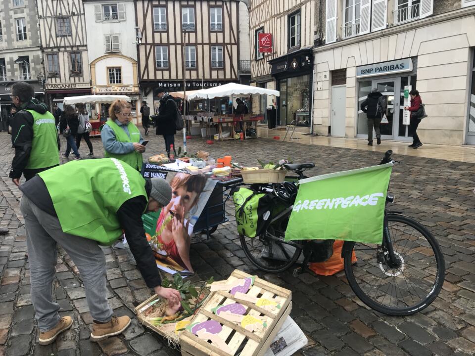 Samedi 19 janvier, le groupe local Greenpeace de Poitiers a tenu un petit stand de sensibilisation sur la réduction de consommation de viande dans les cantines.