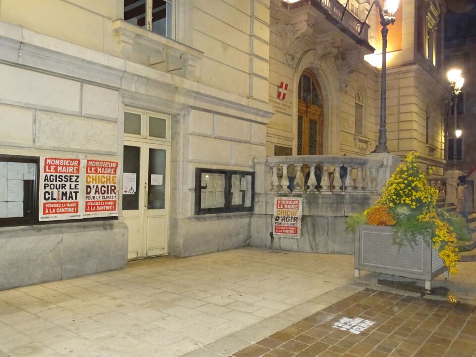 Vendredi 8 novembre au soir, nos militants ont couvert d'affiches et pochoirs à la craie les murs de la Mairie de Chambéry.