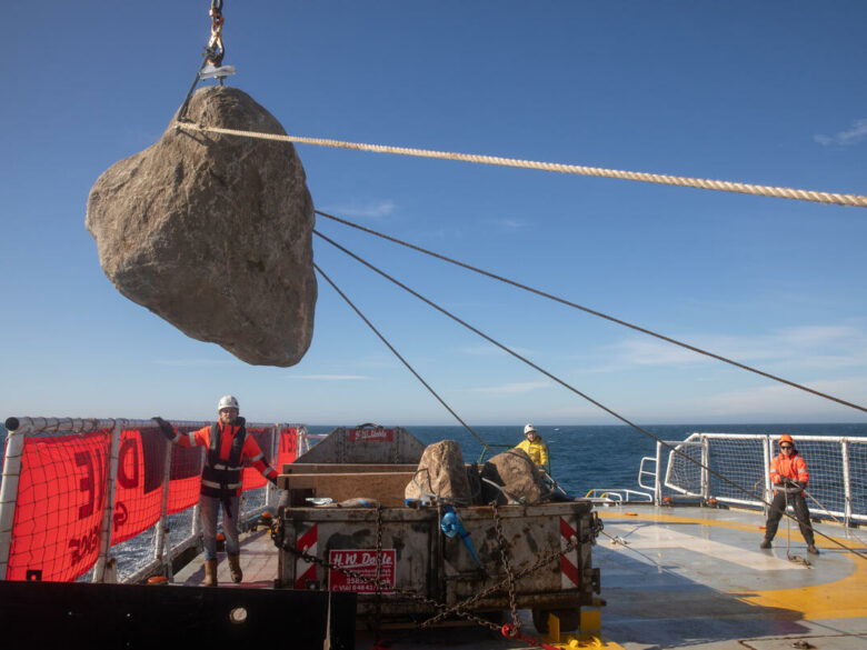 MY Esperanza crew prepare boulders for placement in the Brighton Offshore MPA. © Suzanne Plunkett