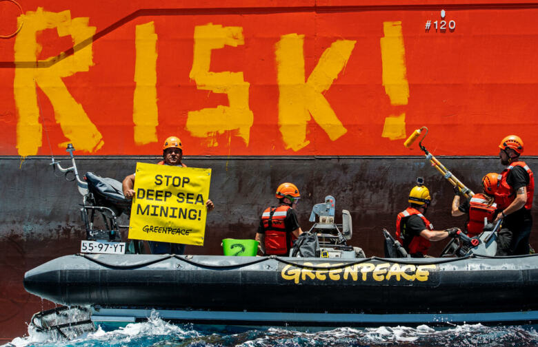 Activists Paint Deep Sea Mining Industry Vessel in the Pacific Ocean. © Marten  van Dijl