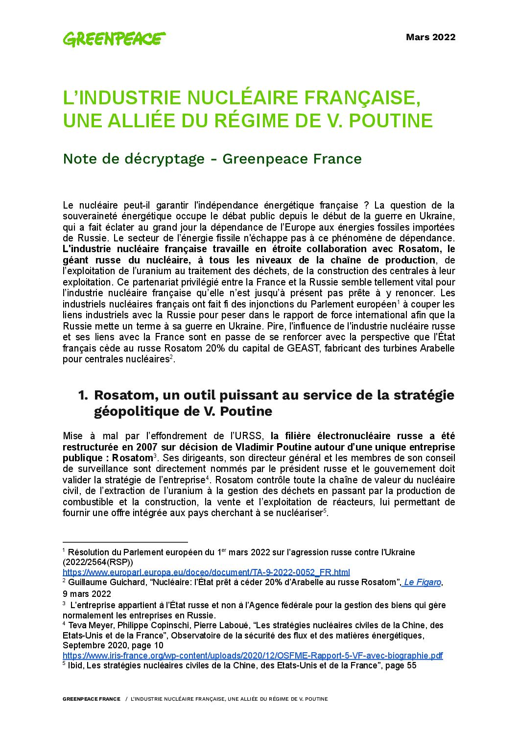 L’industrie nucléaire française, une alliée du régime de V. Poutine