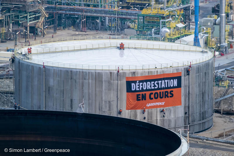 Transmettre son patrimoine – Banderole Greenpeace « déforestation en cours » dans la raffinerie de Total, La Mède - Around ten Greenpeace activists unfurl a banner reading