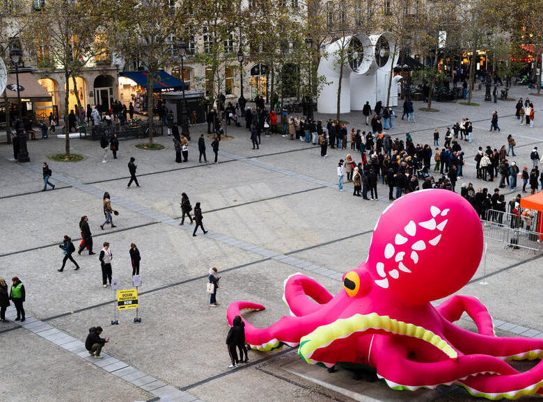 Billie the Octopus Protests at the Centre Pompidou in Paris, France.