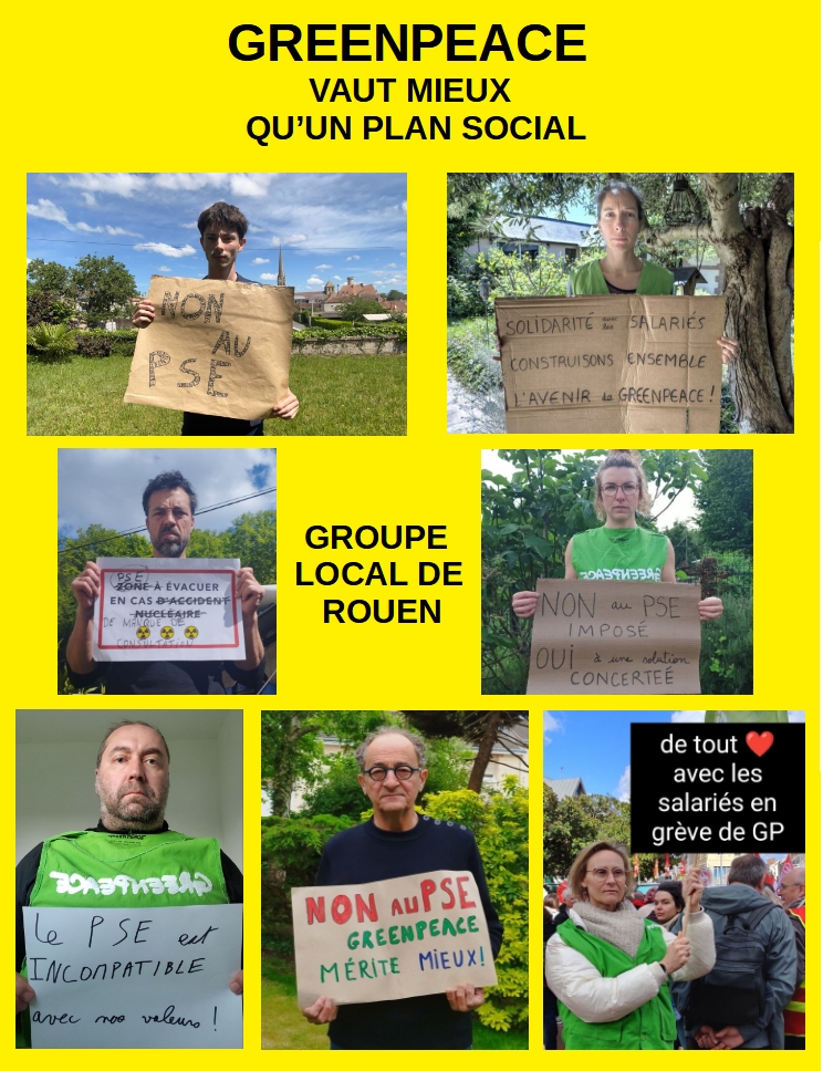 
Nous, militant.e.s de Greenpeace Rouen sommes en grève contre le PSE (Plan de