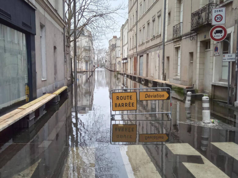 La ville d’Angers sous l’eau suite au passage de la tempête Nils en février 2026.