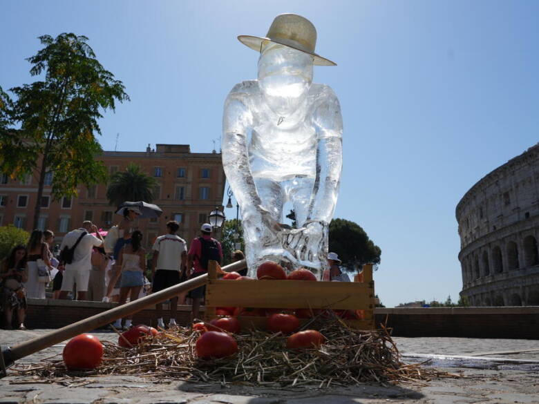 Climate Change Action with Ice Sculptures in Rome.